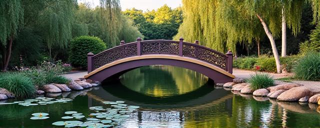 Estanque de jardín integrado con puente decorativo