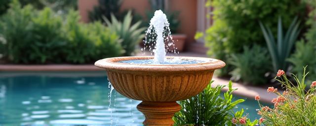 Fuente decorativa integrada en jardín mediterráneo